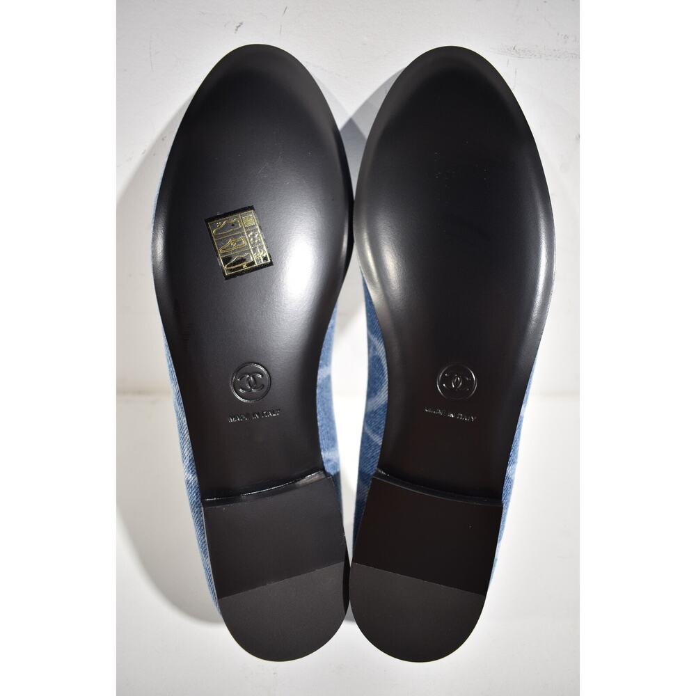 Chanel 23B Printed Denim Blue White CC Logo Bow Tie Ballet Ballerina Flat 37.5 - Picture 12 of 12